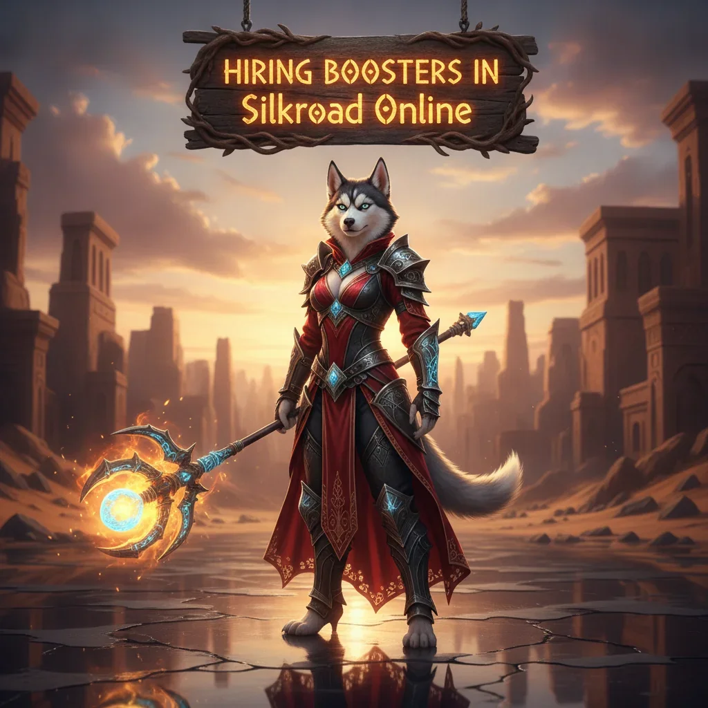 An anthropomorphic Husky in fantasy attire, inspired by Silkroad Online game content and objectives for character progression.