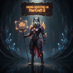 Fantasy artwork featuring an anthropomorphic husky character in armor, themed around StarCraft II content and objectives.