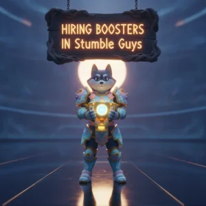 Fantasy game-inspired artwork featuring an anthropomorphic Husky character, themed around hiring boosters in Stumble Guys.