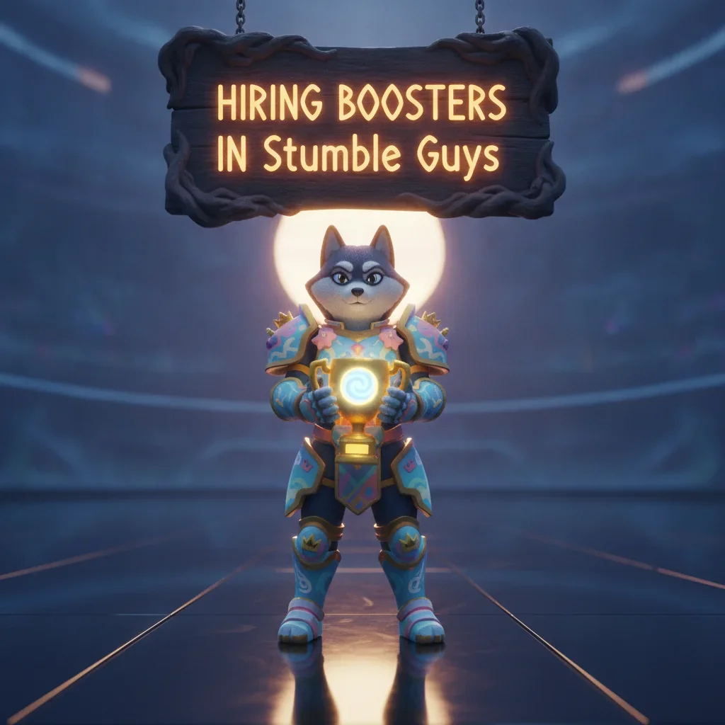 Fantasy game-inspired artwork featuring an anthropomorphic Husky character, themed around hiring boosters in Stumble Guys.