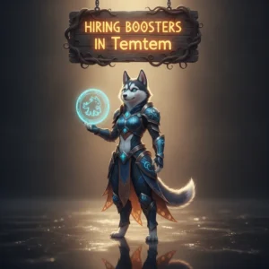 Fantasy artwork featuring an anthropomorphic Husky character in a magical Temtem-inspired environment, representing game content.