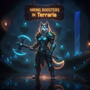 An anthropomorphic Husky character in fantasy armor, surrounded by elements reflecting Terraria's world and progression systems.