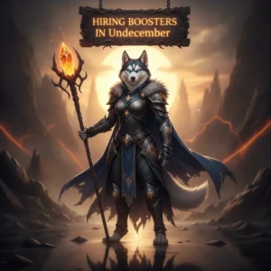 An anthropomorphic Husky character in fantasy armor, representing the theme of hiring boosters in Undecember.