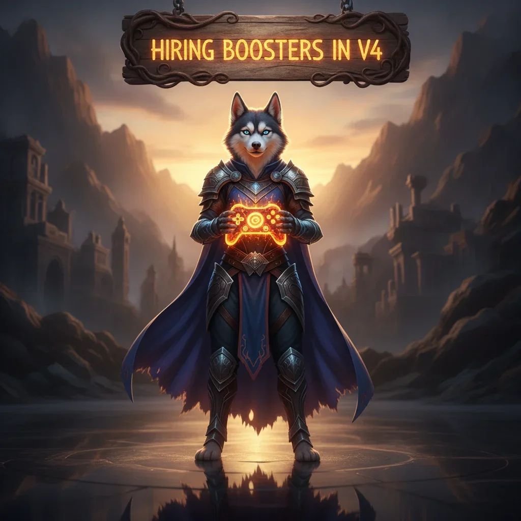 An anthropomorphic Husky character in fantasy attire, inspired by game content and objectives related to V4 character progression.