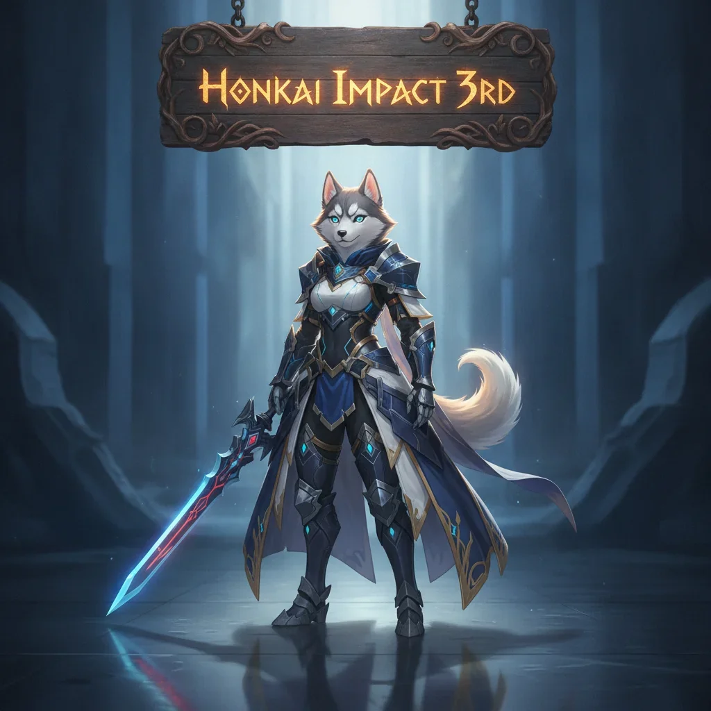 An anthropomorphic Husky character in fantasy armor, representing Honkai Impact 3rd boosting services and game content.