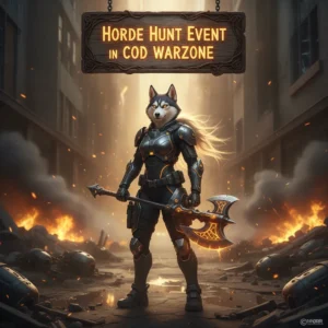 An anthropomorphic husky character in fantasy armor, standing in a game-inspired environment, representing intense challenges and objectives of Horde Hunt Event content.