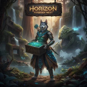 An anthropomorphic Husky character in fantasy armor, set in an environment inspired by Horizon Forbidden West game content and objectives.