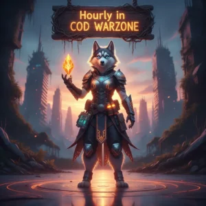 Fantasy artwork of an anthropomorphic husky character in themed attire, representing hourly boost content and accelerated game objectives within a fantasy setting.