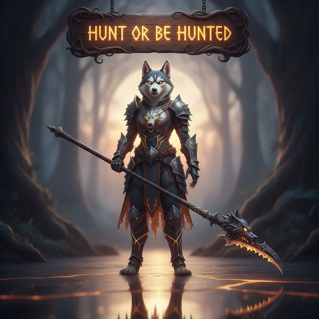 Fantasy artwork of an anthropomorphic Husky warrior in detailed armor within a mystical landscape. The image represents high-stakes hunt or be hunted combat and survival content.