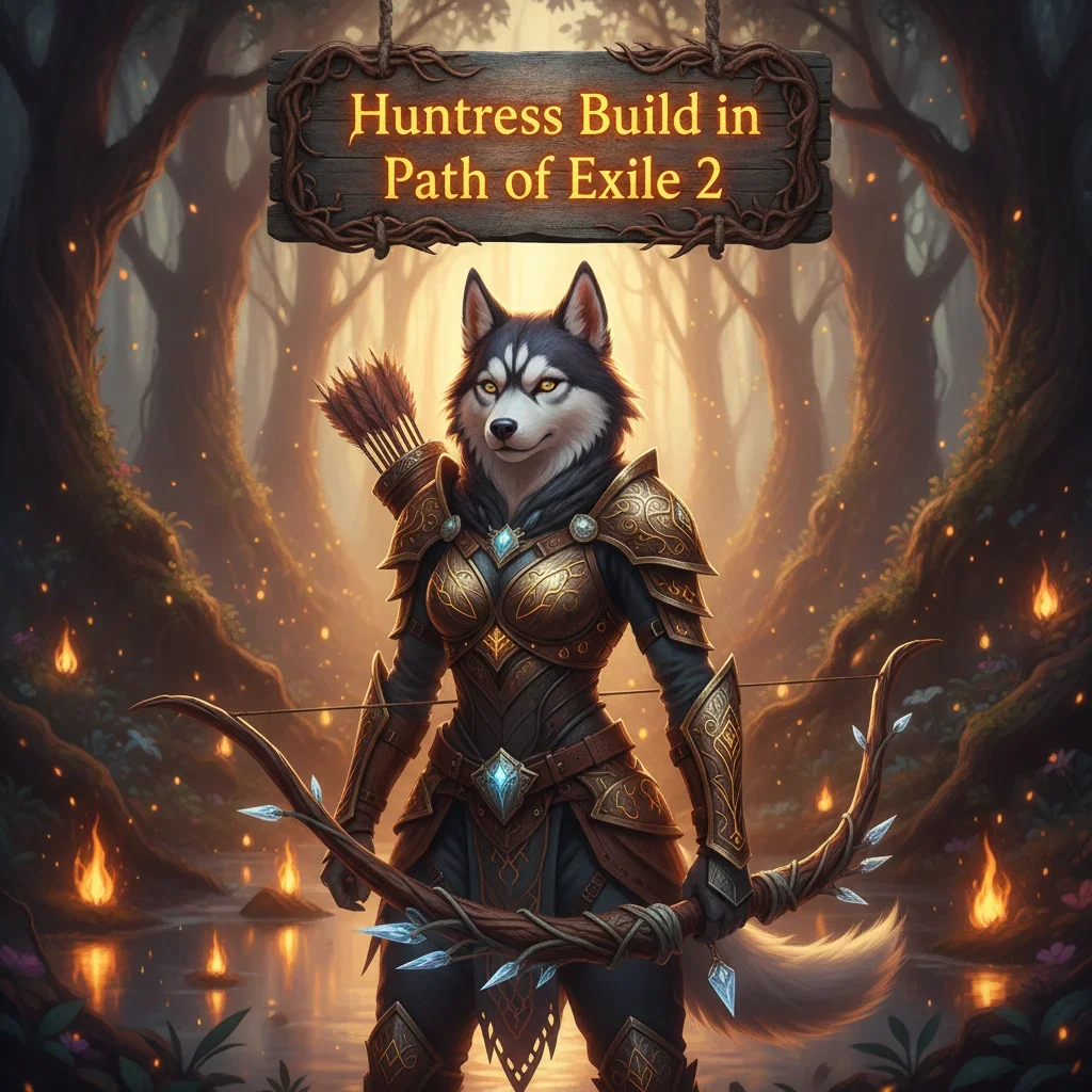 An anthropomorphic Husky character, garbed in detailed fantasy armor suitable for a huntress, is depicted in promotional artwork themed around build enhancement and character progression in Path of Exile 2.