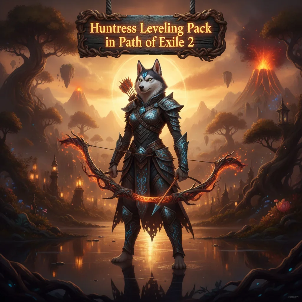 Fantasy artwork of an anthropomorphic Husky character in rugged armor, inspired by Huntress character leveling and progression content in Path of Exile 2.