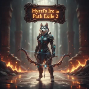 An anthropomorphic Husky character wearing fantasy armor, standing in a dark, atmospheric Path of Exile 2 themed environment, representing Hyrri's Ire item optimization content.