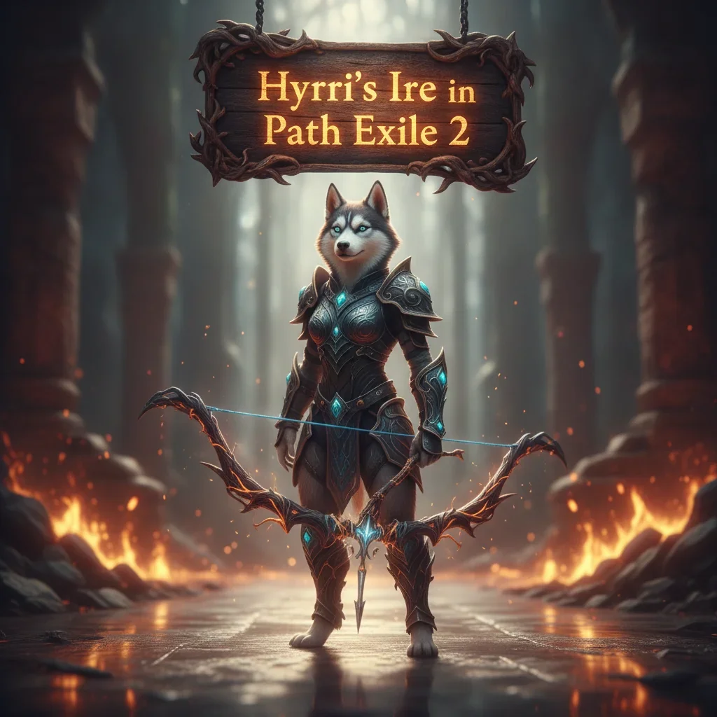 An anthropomorphic Husky character wearing fantasy armor, standing in a dark, atmospheric Path of Exile 2 themed environment, representing Hyrri's Ire item optimization content.