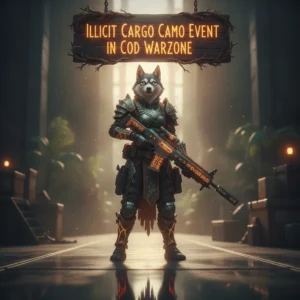 An anthropomorphic husky character in fantasy attire, standing heroically amidst a fantasy environment, representing an illicit cargo camo event and related game objectives.