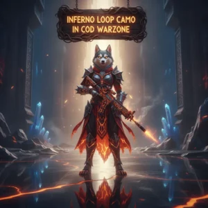 Fantasy artwork featuring an anthropomorphic Husky adventurer, themed around obtaining the unique Inferno Loop camouflage appearance through in-game challenges.