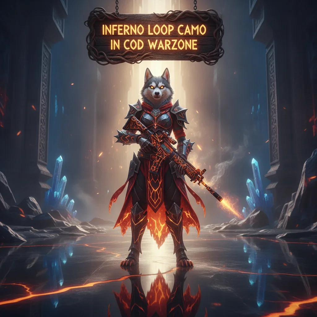 Fantasy artwork featuring an anthropomorphic Husky adventurer, themed around obtaining the unique Inferno Loop camouflage appearance through in-game challenges.