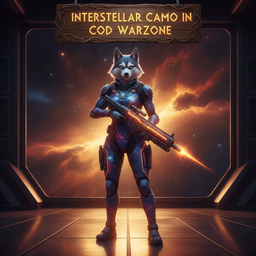 Fantasy artwork featuring an anthropomorphic Husky character in a futuristic combat suit, representing Interstellar Camo progression and unlock objectives in a game.