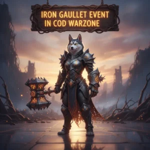 An anthropomorphic husky character clad in heavy fantasy armor, standing heroically in a game-inspired environment. The artwork represents the Iron Gauntlet Event content and related challenges.