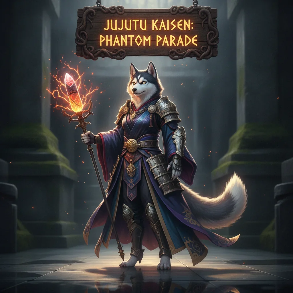A fantasy game-inspired image featuring an anthropomorphic Husky character themed around Jujutsu Kaisen: Phantom Parade content.