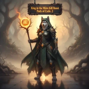 Fantasy artwork featuring an anthropomorphic husky character in intricate armor within a misty, dark forest setting, representing the King in the Mists challenge content in Path of Exile 2.