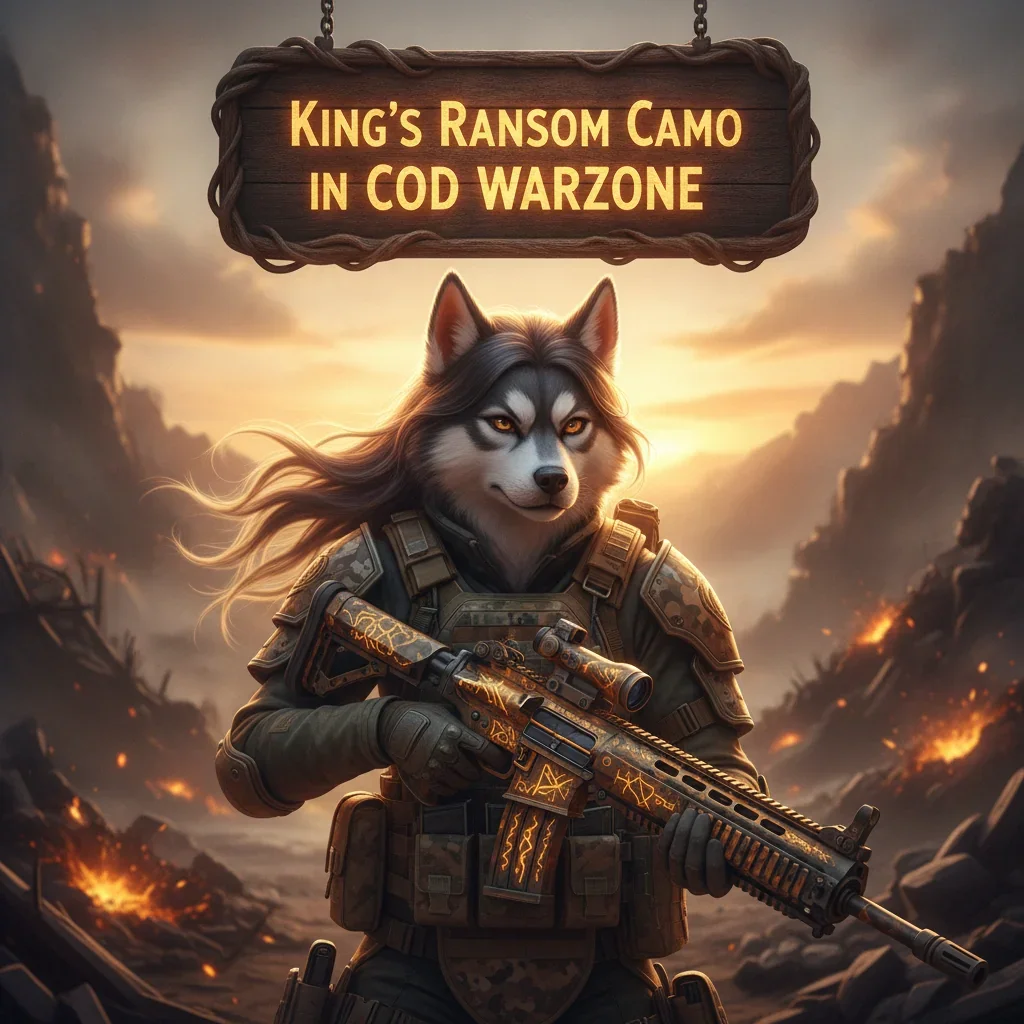 Fantasy artwork representing King's Ransom Camo content, featuring an anthropomorphic Husky in regal, themed armor within a mystical, game-inspired environment, symbolizing cosmetic reward objectives.