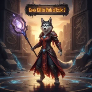 Anthropomorphic Husky character in ornate fantasy armor, standing in a dark, atmospheric Path of Exile 2 themed environment, representing the Kosis boss challenge.