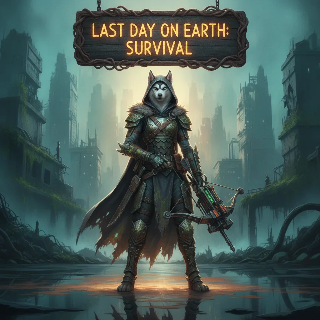 Fantasy artwork of an anthropomorphic husky character amidst a post-apocalyptic landscape, themed around survival game content.