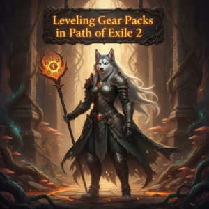 Fantasy artwork featuring an anthropomorphic husky character in an ancient, game-inspired environment, representing Path of Exile 2 leveling gear packs and character progression content.