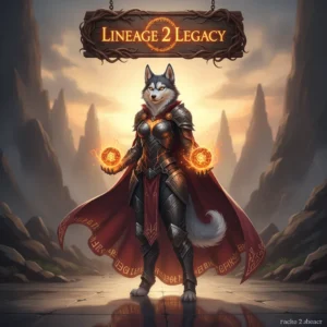 A fantasy game-inspired artwork featuring an anthropomorphic husky in ancient armor, representing Lineage 2 Legacy content.