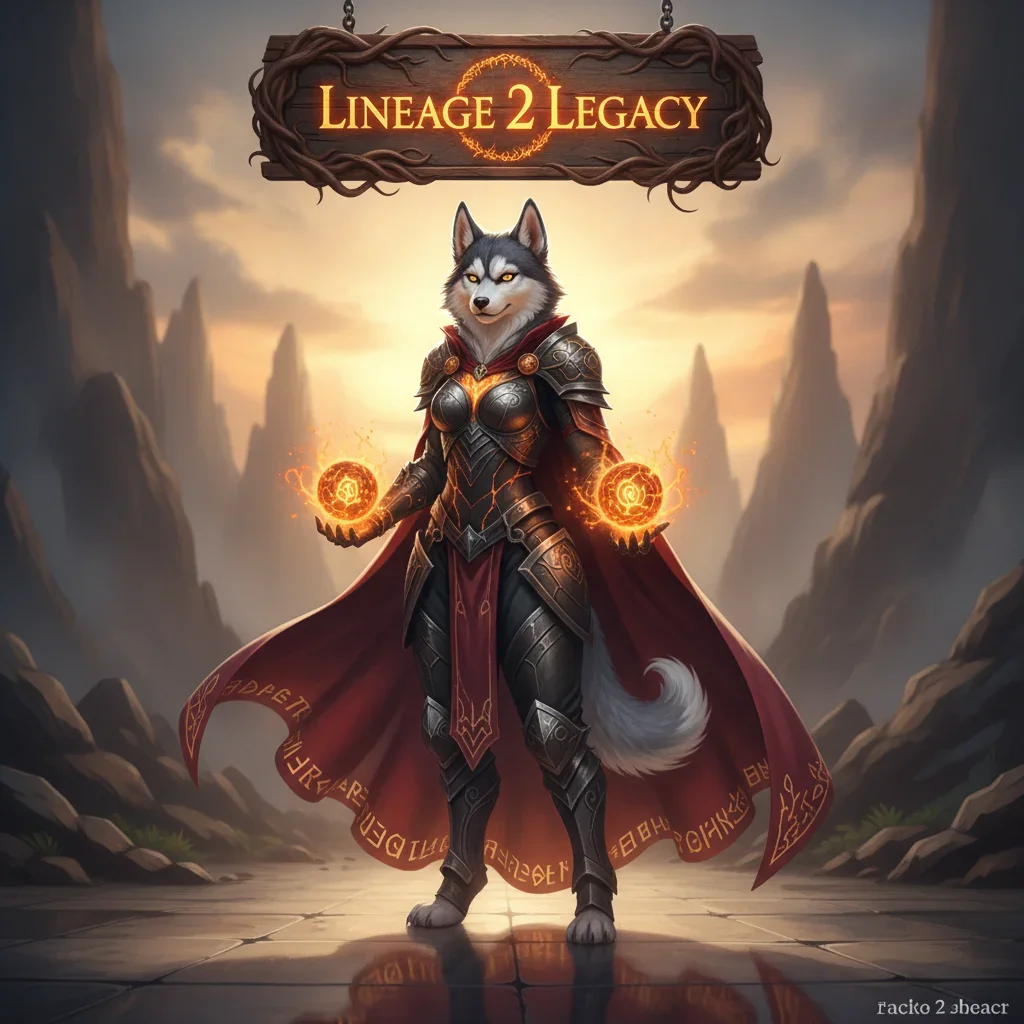 A fantasy game-inspired artwork featuring an anthropomorphic husky in ancient armor, representing Lineage 2 Legacy content.