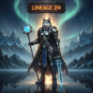 An anthropomorphic Husky character in fantasy armor amidst a magical landscape, representing Lineage 2M content.