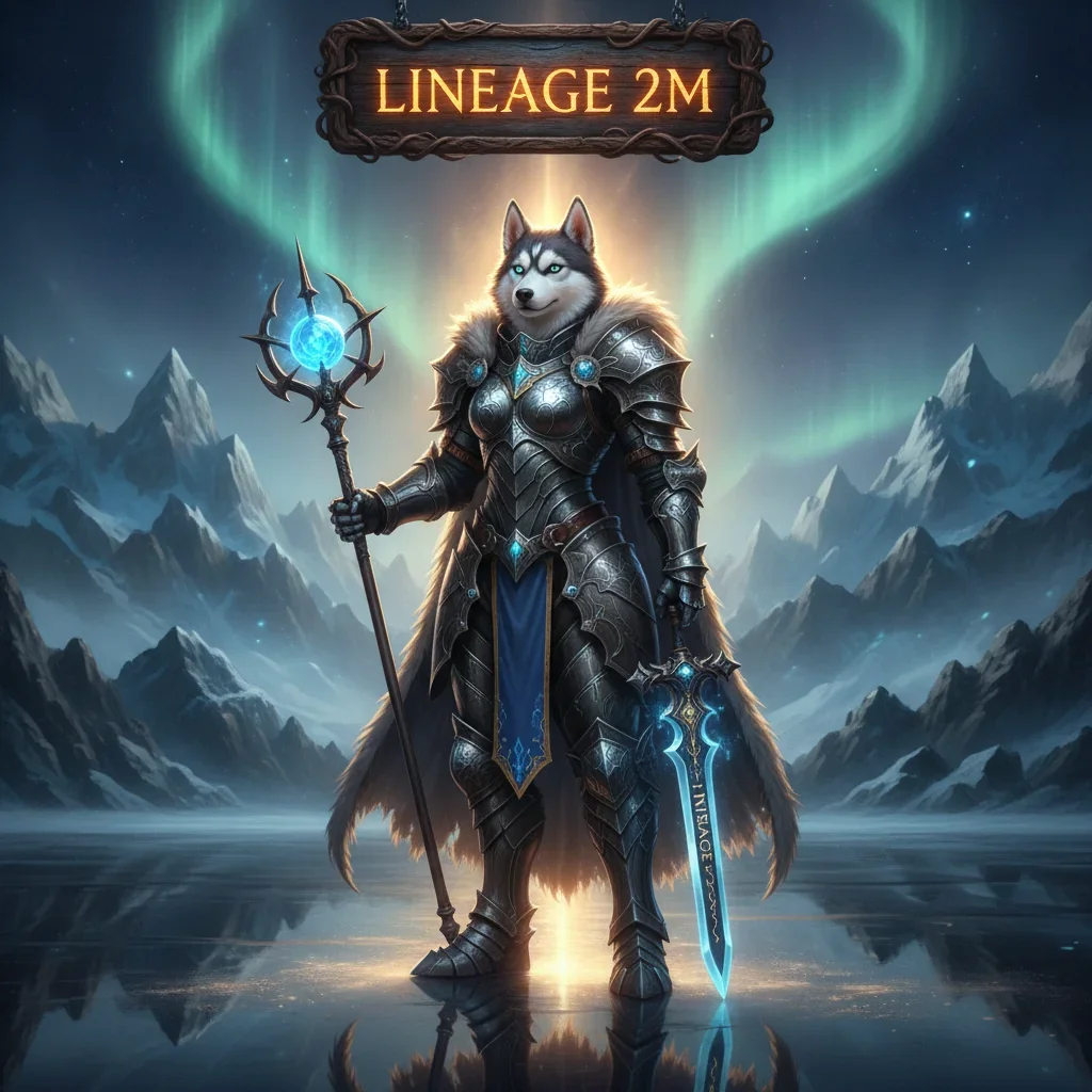 An anthropomorphic Husky character in fantasy armor amidst a magical landscape, representing Lineage 2M content.
