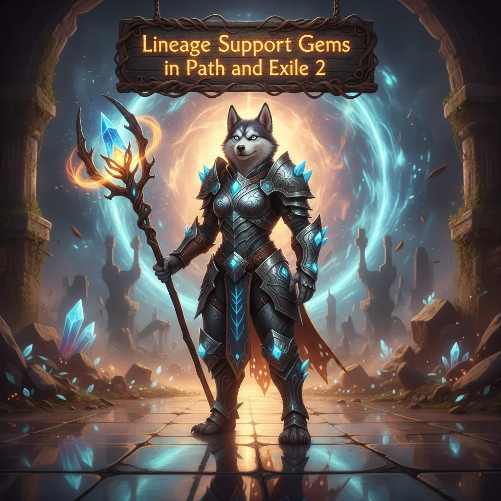 Fantasy artwork featuring an anthropomorphic Husky character, themed around Lineage Support Gems development in Path of Exile 2, set in a mystical game environment.