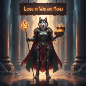 Fantasy game artwork featuring an anthropomorphic Husky character in armor, themed around combat objectives and resource management.