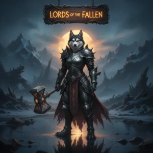An anthropomorphic Husky in fantasy armor, standing in a dark, atmospheric environment inspired by Lords of the Fallen.