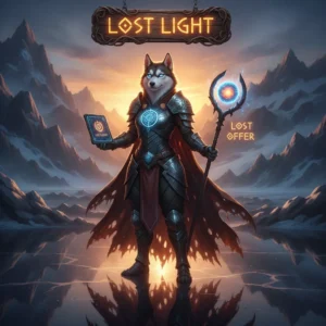 An anthropomorphic Husky character in a fantasy setting, themed around Lost Light boosting services and game content.