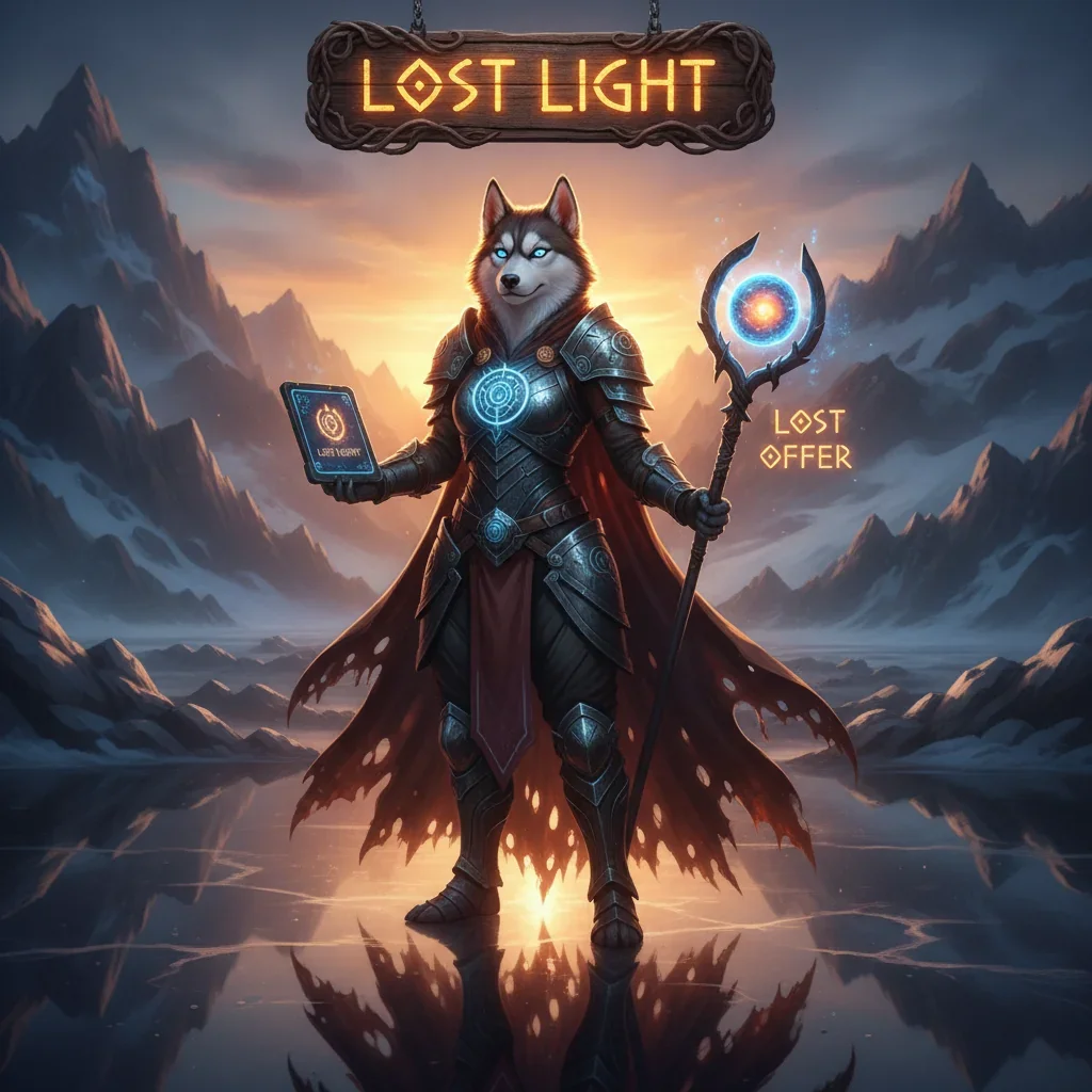 An anthropomorphic Husky character in a fantasy setting, themed around Lost Light boosting services and game content.