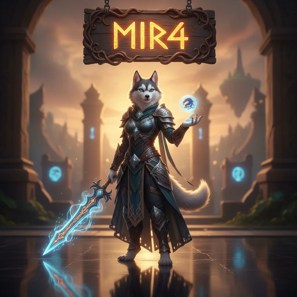 A fantasy game-inspired artwork featuring an anthropomorphic husky character in an elaborate fantasy setting, representing MIR4 game content.