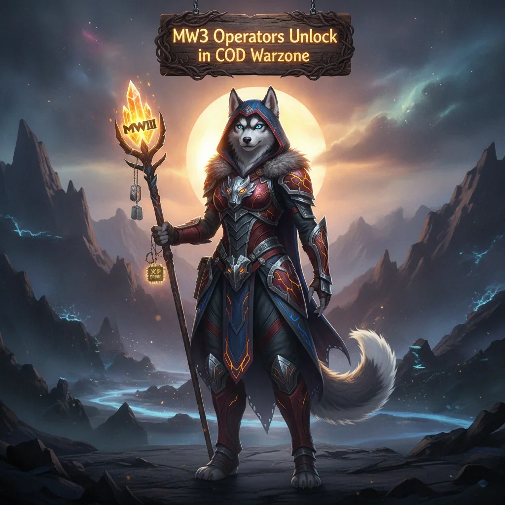 An anthropomorphic Husky warrior in ornate fantasy armor, set in a mystical game world, representing content related to operator unlocks and character progression boosts.