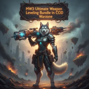 An anthropomorphic husky character in fantasy armor amidst a mystical environment. This artwork is inspired by ultimate weapon leveling content and powerful equipment upgrade bundles.