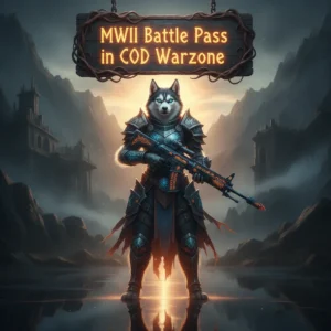 Fantasy artwork featuring an anthropomorphic Husky character in a stylized, game-inspired armor, representing Modern Warfare II Battle Pass progression.