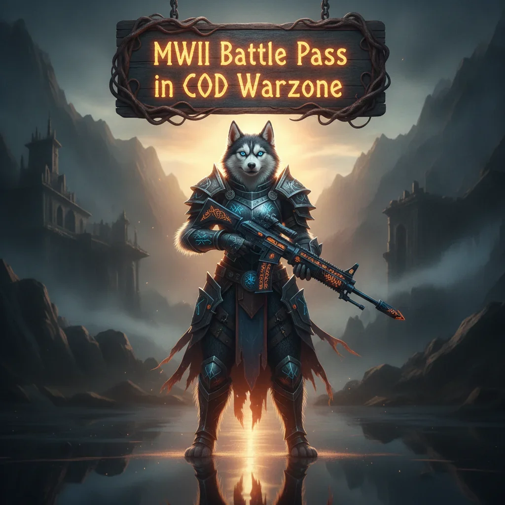 Fantasy artwork featuring an anthropomorphic Husky character in a stylized, game-inspired armor, representing Modern Warfare II Battle Pass progression.
