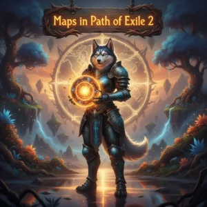 Fantasy artwork inspired by Path of Exile 2 map content, featuring an anthropomorphic husky character in intricate armor within a dark, ancient environment.