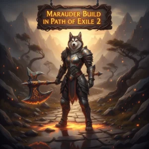 Anthropomorphic Husky in fantasy Marauder armor, standing in a dark game environment, representing build optimization and progression content for Path of Exile 2.