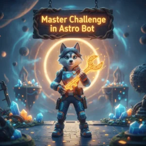 Fantasy artwork featuring an anthropomorphic husky character in detailed armor, standing in a vibrant, mystical environment, symbolizing Astro Bot's Master Challenge content.