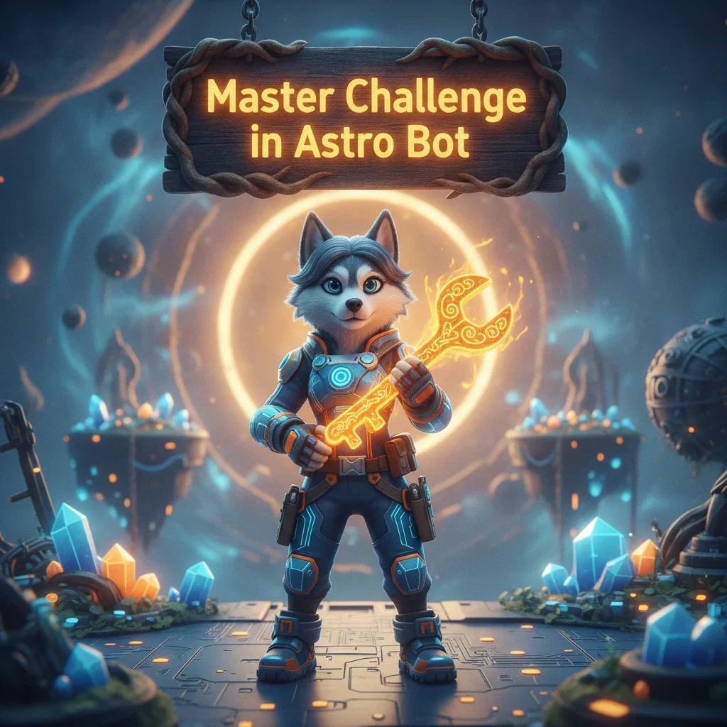 Fantasy artwork featuring an anthropomorphic husky character in detailed armor, standing in a vibrant, mystical environment, symbolizing Astro Bot's Master Challenge content.