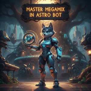 An anthropomorphic husky character in a themed outfit amidst a vibrant, futuristic environment, representing content for the Master Megamix Boost in Astro Bot. The artwork is focused on game challenges and objectives.