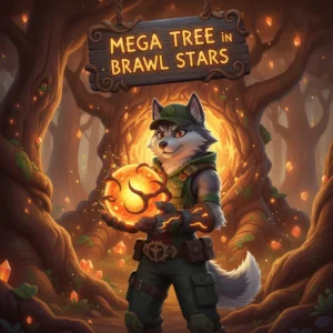 Fantasy artwork with an anthropomorphic husky in themed gear by a giant, glowing 'Mega Tree.' Represents game boost content and progression goals.