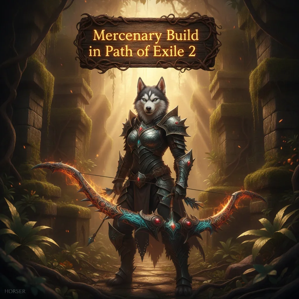 Fantasy artwork of an anthropomorphic Husky character in detailed mercenary armor, representing character build enhancement and optimization content in Path of Exile 2.
