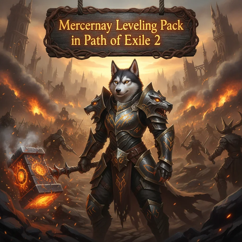 A fantasy artwork showing an anthropomorphic Husky character in elaborate fantasy armor, set in a mystical game-inspired environment. The image is themed around character leveling and progression for Path of Exile 2, representing mercenary leveling content.